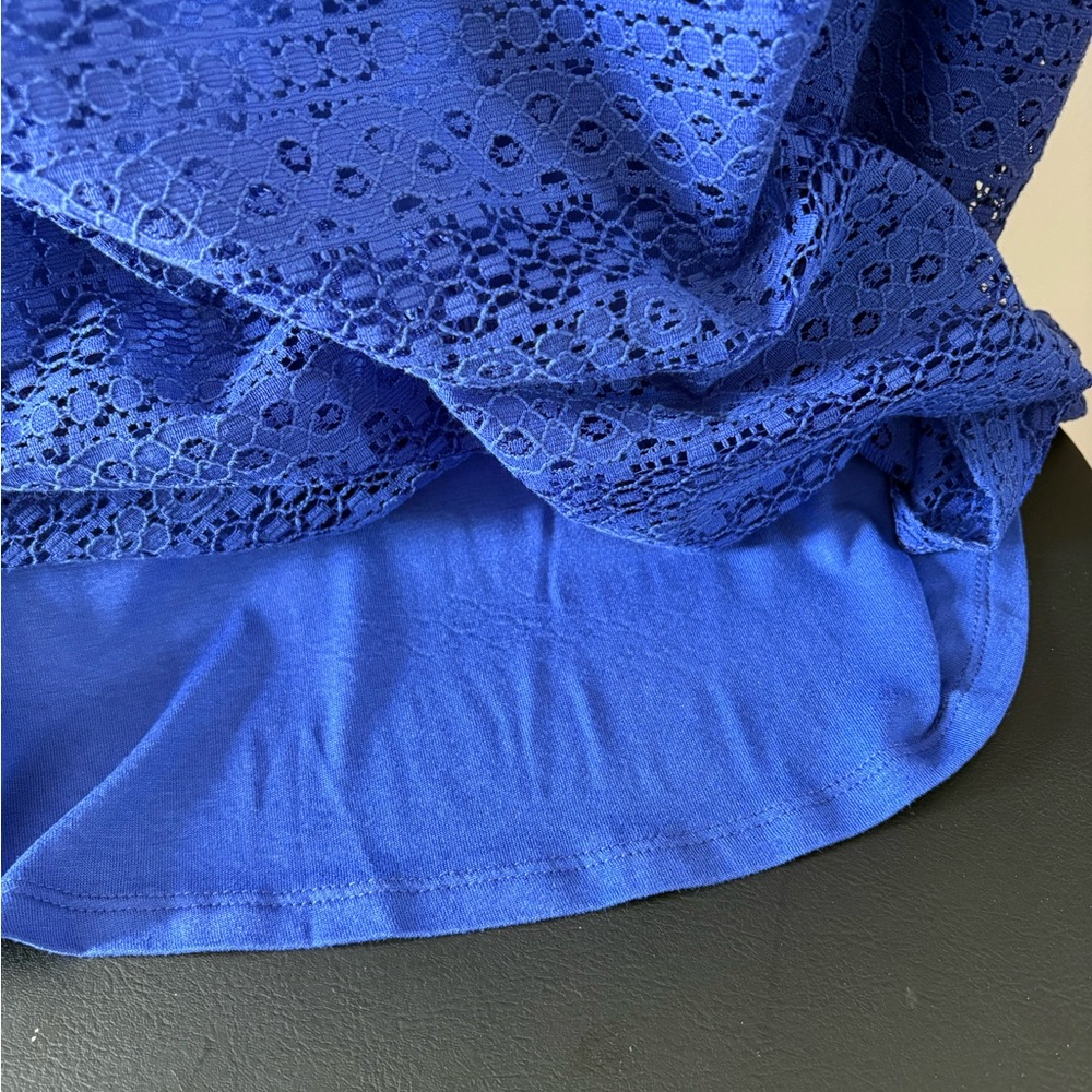 NEW WITH TAGS: Leo & Nicole Blue Lace Lined Short Sleeve Blouse, Sheer SleevesXL - Picture 5 of 6